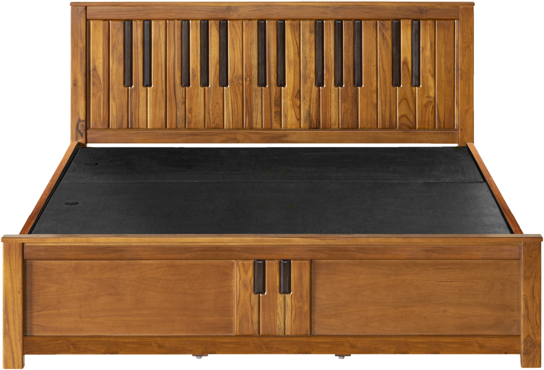 Piano key teak bed with a slatted headboard