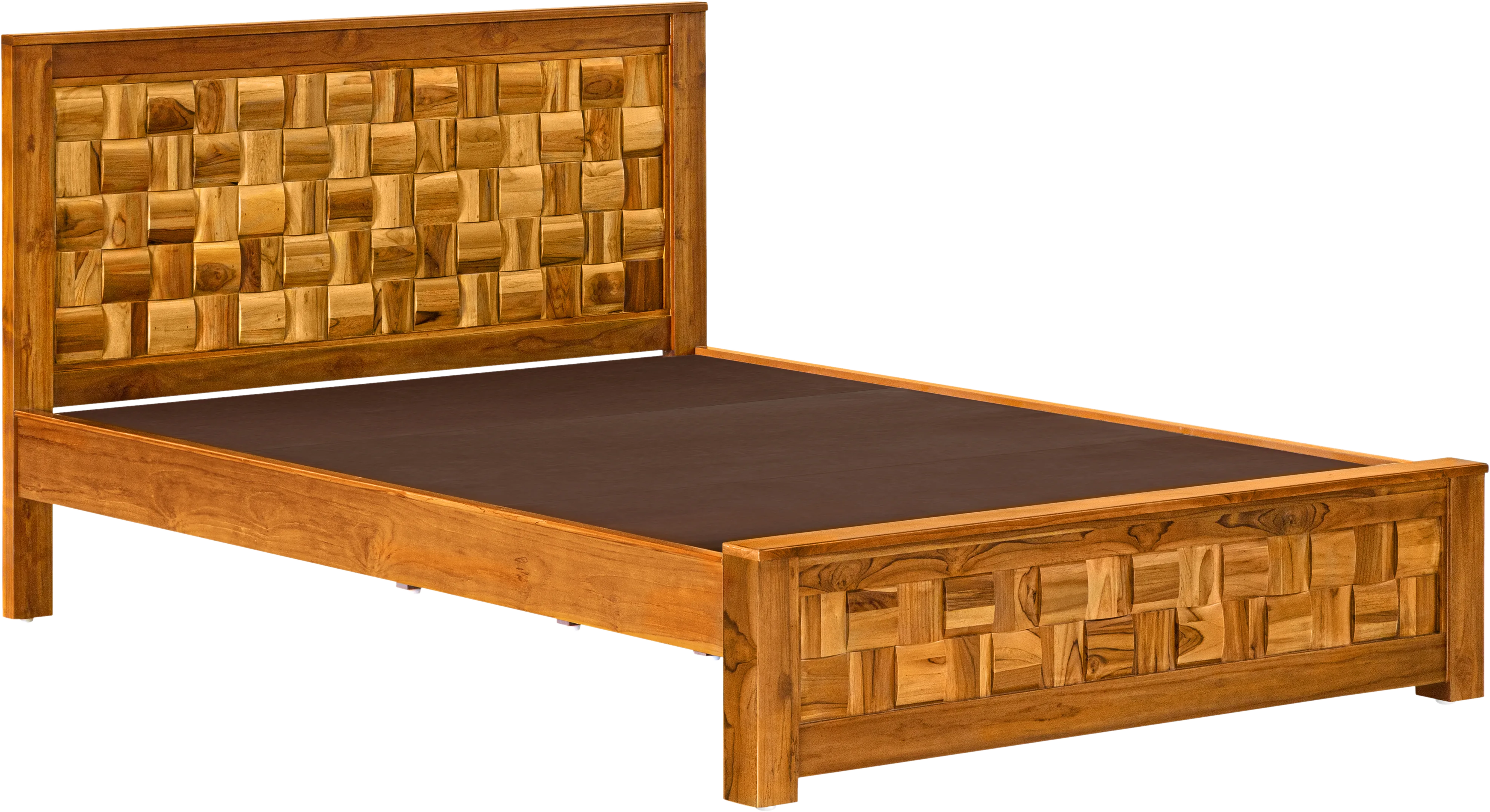 Basket weave teak bed with a woven block headboard