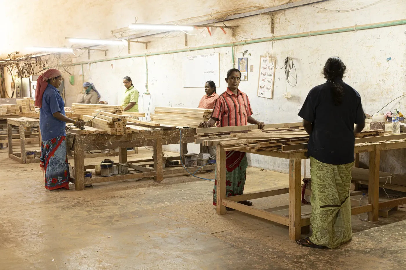 Team working at assembly benches